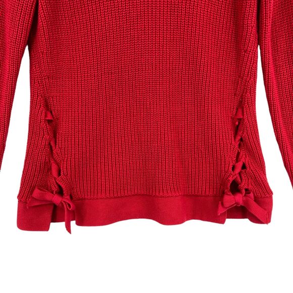 LOFT Women's Red Cable-Knit Long Sleeve Lace Up Tie Slit Pullover Sweater Size S - Picture 2 of 14